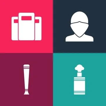 Set pop art Hand grenade, Police rubber baton, Vandal and assault shield icon Stock Illustration