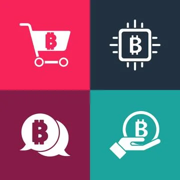 Set pop art Hand holding Bitcoin, , CPU mining farm and Shopping cart with 스톡 일러스트