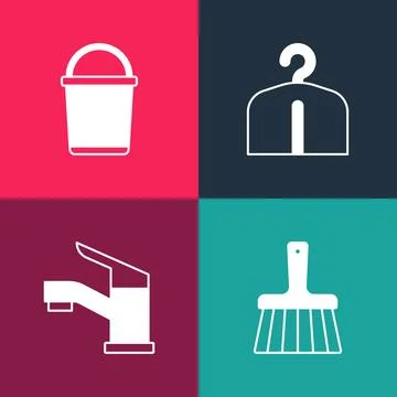 Set pop art Handle broom, Water tap, Hanger wardrobe and Bucket icon. Vector Stock-Illustration
