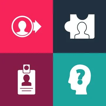 Set pop art Head with question mark, Identification badge, hunting and Create Stock Illustration