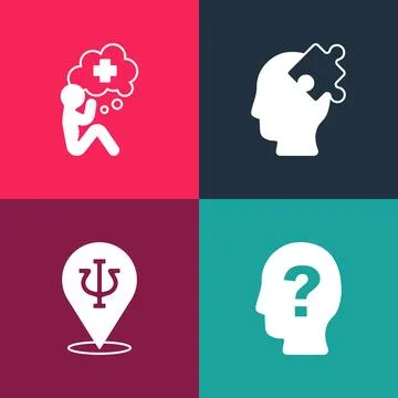 Set pop art Head with question mark, Psychology, Psi, Solution to the problem イラスト素材