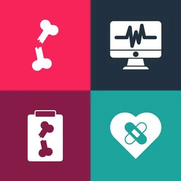 Set pop art Healed broken heart, X-ray shots, Monitor with cardiogram and Human Stock Illustration