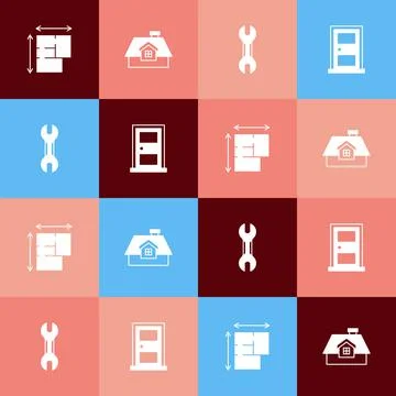 Set pop art House plan, Wrench spanner and Closed door icon. Vector Stock Illustration