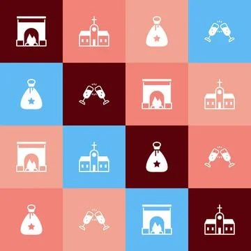 Set pop art Interior fireplace, Church building, Santa Claus bag gift and Glass Ilustración de archivo