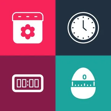 Set pop art Kitchen timer, Digital alarm clock, Clock and Calendar spring icon Stock Illustration