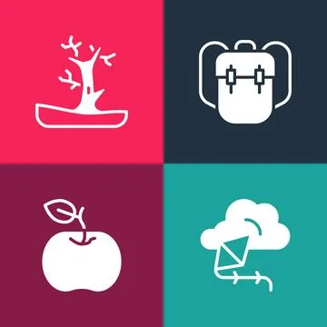 Set pop art Kite, Apple, School backpack and Bare tree icon. Vector Stock Illustration