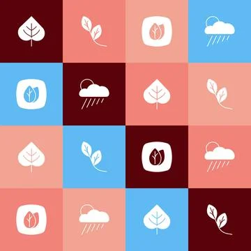 Set pop art Leaf, and Cloud with rain and sun icon. Vector Stock Illustration