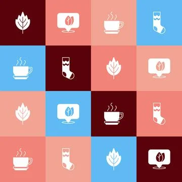 Set pop art Leaf, Location with leaf, Coffee cup and Socks icon. Vector Stock Illustration