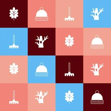 Set pop art Leaf, Winter hat, Garden rake and Bare tree icon. Vector Stock Illustration