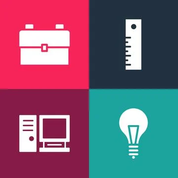 Set pop art Light bulb with concept of idea, Computer monitor, Ruler and School Stock-Illustration