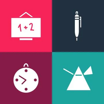 Set pop art Light rays in prism, Clock, Pen and Chalkboard icon. Vector Illustrazione stock