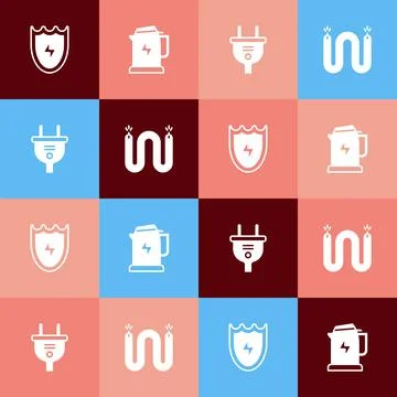 Set pop art Lightning and shield, Electric kettle, plug and cable icon. Vector 스톡 일러스트