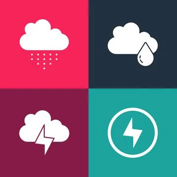 Set pop art Lightning bolt, Storm, Cloud with rain and icon. Vector Stock Illustration