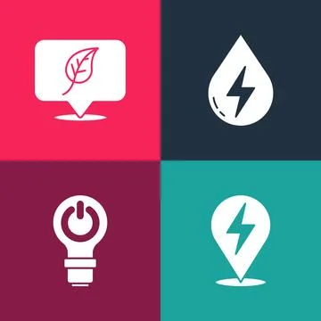 Set pop art Lightning bolt, bulb with lightning, Water energy and Location leaf 스톡 일러스트