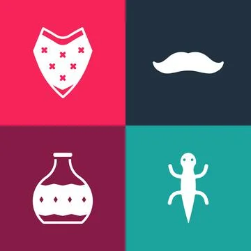 Set pop art Lizard, Tequila bottle, Mustache and Poncho icon. Vector Illustrazione stock
