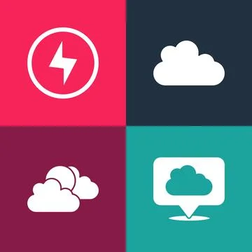 Set pop art Location cloud, Sun and weather, Cloud and Lightning bolt icon Illustrazione stock