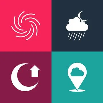 Set pop art Location cloud, Moon, Cloud with rain and moon and Tornado icon Stock Illustration