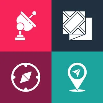 Set pop art Location, Compass, Folded map and Radar icon. Vector 스톡 일러스트