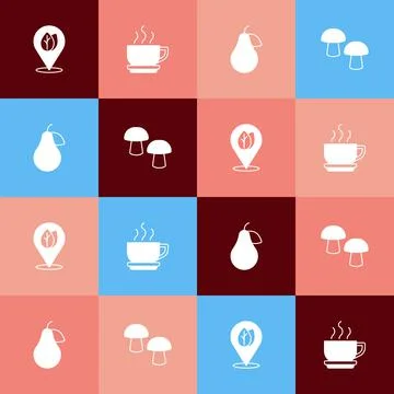 Set pop art Location with leaf, Coffee cup, Pear and Mushroom icon. Vector Stock Illustration