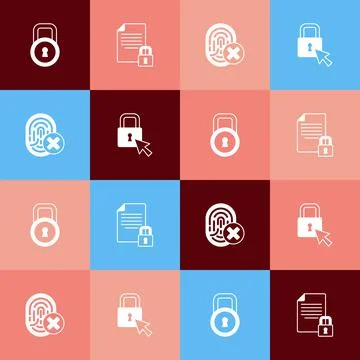Set pop art Lock, Document and lock, Cancelled fingerprint and icon. Vector Illustrazione stock