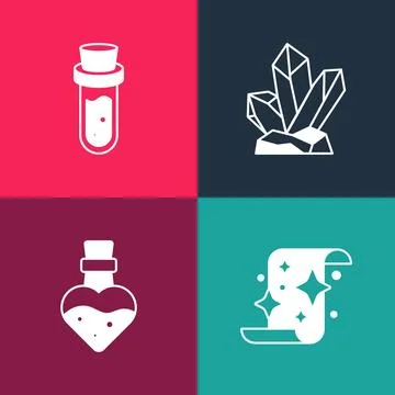 Set pop art Magic scroll, Bottle with potion, stone and  icon. Vector イラスト素材