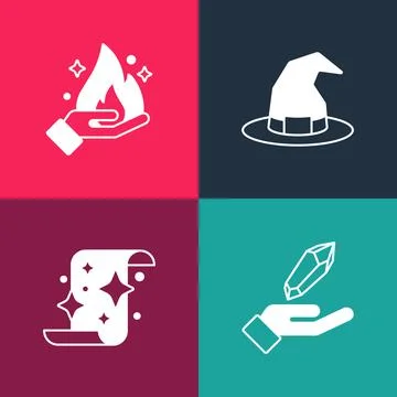 Set pop art Magic stone, scroll, Witch hat and Hand holding fire icon. Vector Stock Illustration
