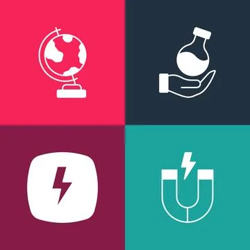 Set pop art Magnet, Lightning bolt, Test tube and Earth globe icon. Vector Illustrazione stock