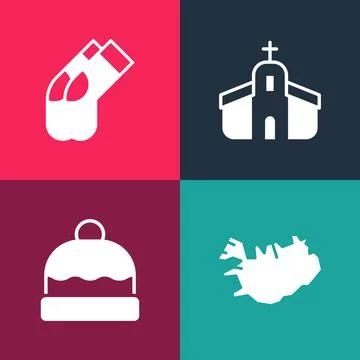 Set pop art Map of Iceland, Beanie hat, Church building and Socks icon. Vector Stock Illustration