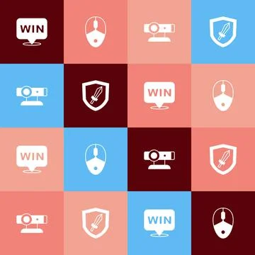 Set pop art Medal, Computer mouse, Web camera and Sword for game icon. Vector 스톡 일러스트