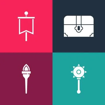 Set pop art Medieval chained mace ball, Torch flame, Antique treasure chest and Ilustração Stock
