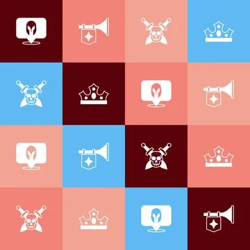 Set pop art Medieval helmet, Trumpet with flag, Skull sword and King crown icon 스톡 일러스트