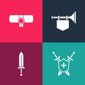 Set pop art Medieval shield with swords, , Trumpet flag and Decree, parchment 스톡 일러스트