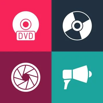 Set pop art Megaphone, Camera shutter, CD or DVD disk and icon. Vector Stock Illustration