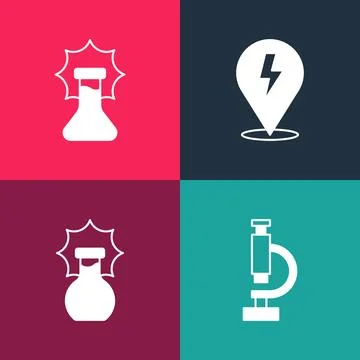 Set pop art Microscope, Explosion in the flask, Lightning bolt and  icon. V.. Stock-Illustration