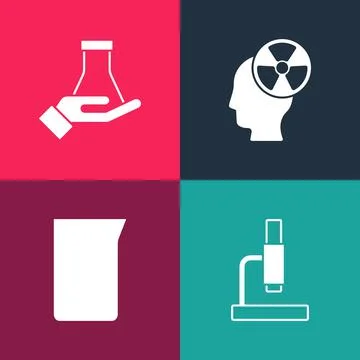 Set pop art Microscope, Laboratory glassware or beaker, Head and radiation Stockillustratie