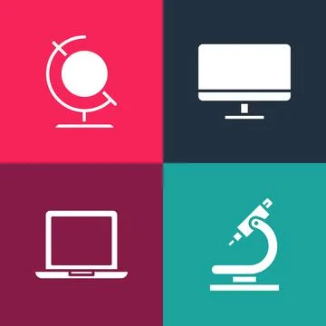 Set pop art Microscope, Laptop, Computer monitor screen and Earth globe icon イラスト素材