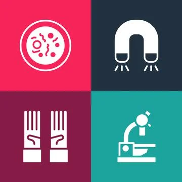 Set pop art Microscope, Medical rubber gloves, Magnet and Petri dish with Stock Illustration