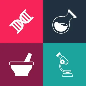 Set pop art Microscope, Mortar and pestle, Test tube flask and DNA symbol icon Stockillustratie