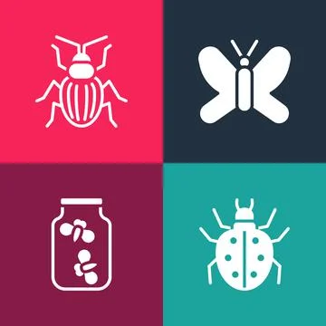 Set pop art Mite, Fireflies bugs in a jar, Butterfly and Chafer beetle icon Stock Illustration