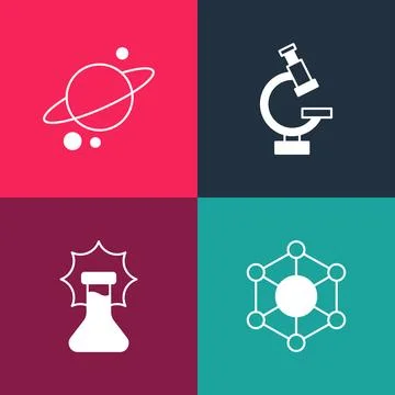 Set pop art Molecule, Explosion in the flask, Microscope and Planet Saturn icon Stock Illustration