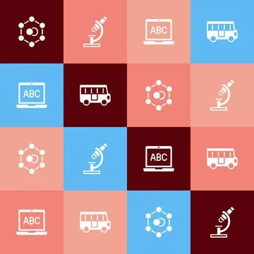 Set pop art Molecule, Microscope, Laptop and School Bus icon. Vector イラスト素材