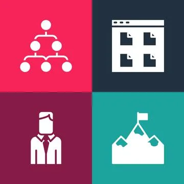 Set pop art Mountains with flag, Worker, Browser files and Hierarchy organogram Stockillustratie
