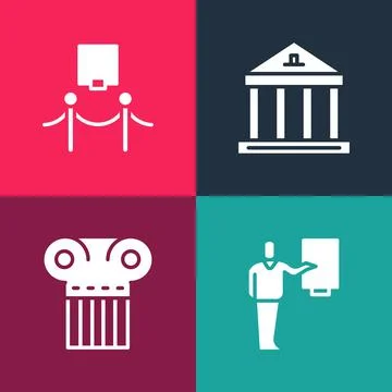 Set pop art Museum guide, Ancient column, building and Picture and rope barrier Ilustración de archivo