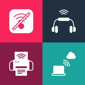 Set pop art Network cloud connection, Smart printer system, headphones and No Wi Stock Illustration
