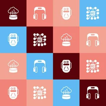 Set pop art Network cloud connection, Headphones, Artificial intelligence robot Stock Illustration