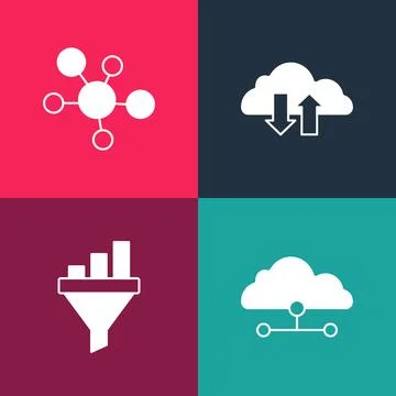 Set pop art Network cloud connection, Sales funnel with chart, Cloud download Stock Illustration