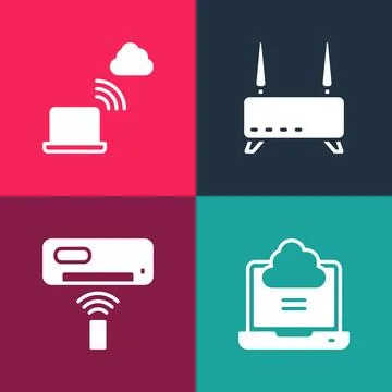 Set pop art Network cloud connection, Air conditioner, Router and wi-fi sig.. Illustrazione stock