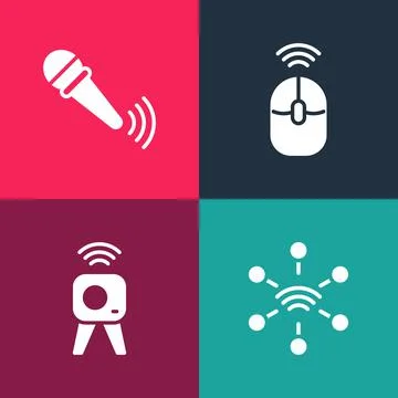 Set pop art Network, Web camera, Wireless computer mouse and microphone icon. 스톡 일러스트