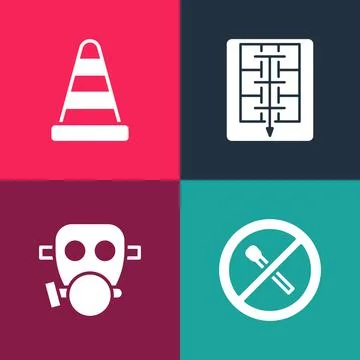 Set pop art No fire match, Gas mask, Evacuation plan and Traffic cone icon Stock Illustration