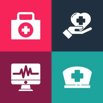 Set pop art Nurse hat with cross, Monitor cardiogram, Heart and First aid kit Stock Illustration